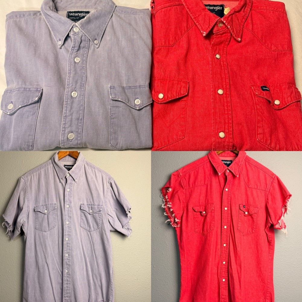 Bundle of 2 Wrangler Red Denim Grunge Punk Western Shirt Distressed Pearl Snap L
